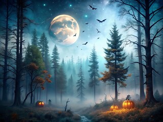 Halloween forest misty evening ambiance dark eerie foggy moonlit spooky wallpaper