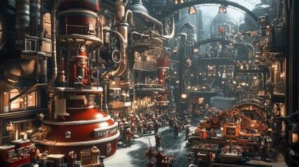 A magical view of Santa's toy factory, with elves assembling toys and machinery in motion, creating the perfect festive setting.