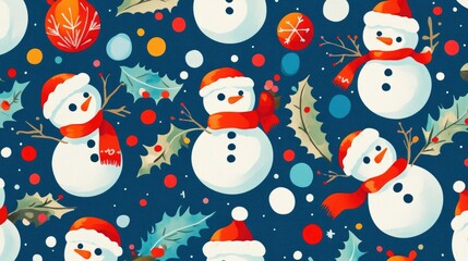 A vibrant grid of snowmen, holly leaves, and New Year's confetti, capturing the joy of Christmas and New Year. Perfect seamless pattern for festive designs