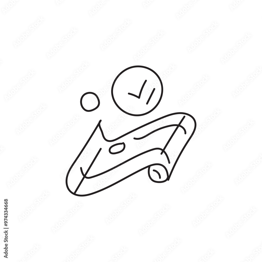 Poster hand drawn illustration of a completed task with a check mark and a rolled up scroll.
