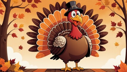 A cheerful cartoon turkey wearing a pilgrim hat, surrounded by autumn leaves, symbolizing Thanksgiving.