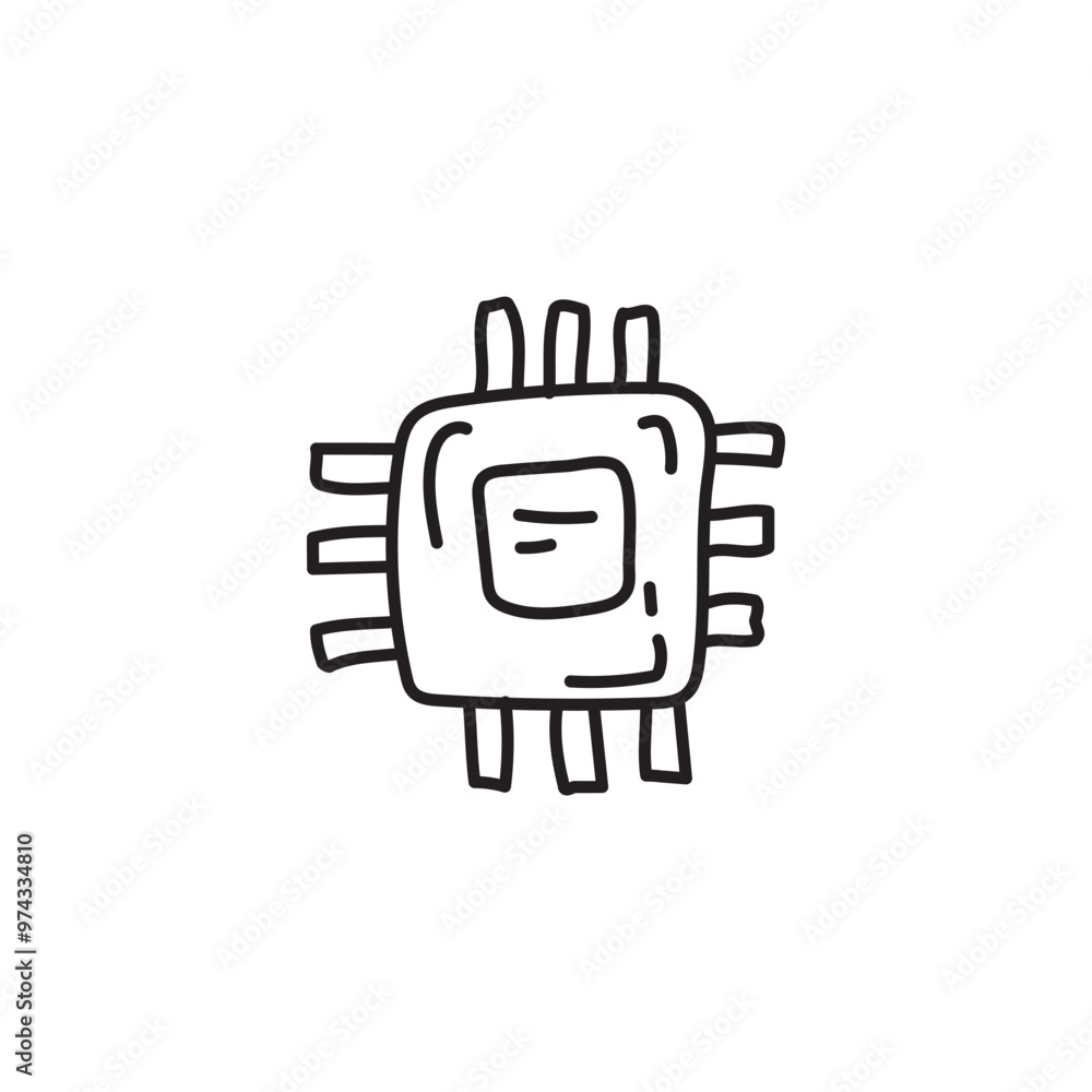 Poster hand drawn illustration of a microprocessor, cpu or computer chip. simple black and white icon for e