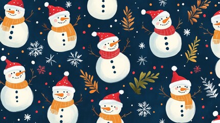 A vibrant grid of snowmen, holly leaves, and New Year's confetti, capturing the joy of Christmas and New Year. Perfect seamless pattern for festive designs