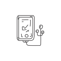 Hand drawn line art illustration of medical equipment for IV drip with checkboxes and a line graph. Vector doodle medical or healthcare design for clinic, hospital or pharmacy