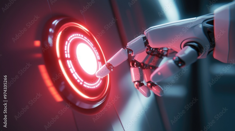 Poster 3d render of a robot hand pressing a glowing button for regulatory compliance, set against a sleek, 