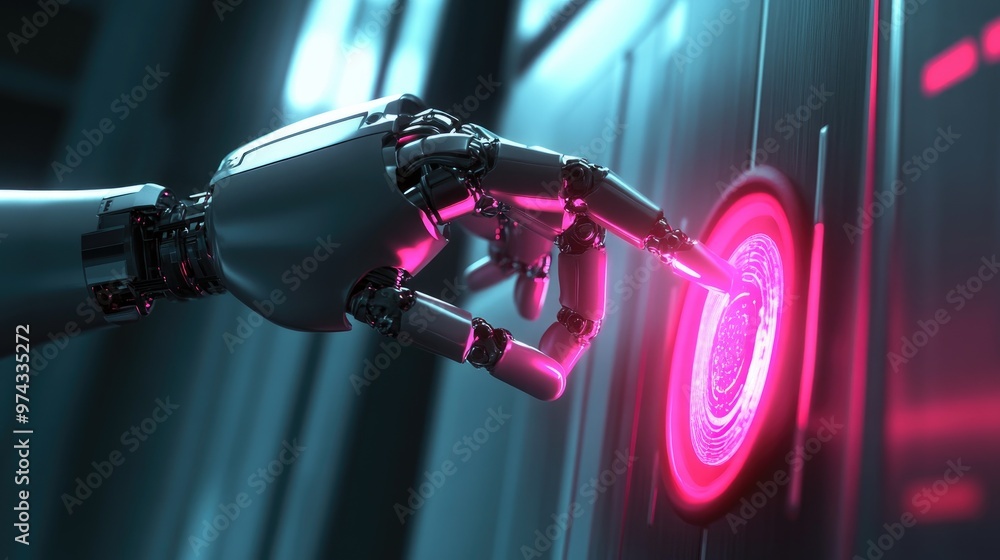 Poster 3d render of a robot hand pressing a glowing button for regulatory compliance, set against a sleek, 