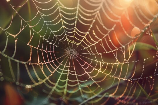 A detailed shot of a spider's web, capturing the intricate strands and glistening droplets of dew
