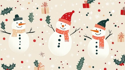 Stylized grid of playful snowmen, holly, and New Year's confetti, bringing a modern touch to Christmas and New Year celebrations 