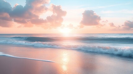 Fototapeta premium A serene beach sunset with soft waves and colorful clouds reflecting the tranquil beauty of nature at dusk.