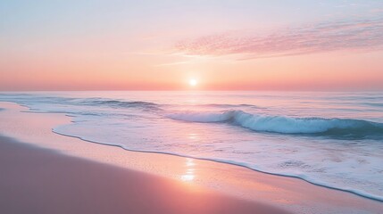 Fototapeta premium Serene beach scene at sunset, featuring gentle waves and a pastel sky, perfect for evoking tranquility and relaxation.