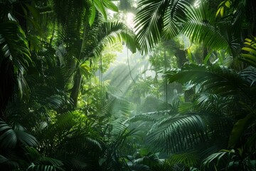 Naklejka premium A lush green jungle with a lot of trees and leaves
