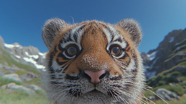 A close up tiger face looking at camera