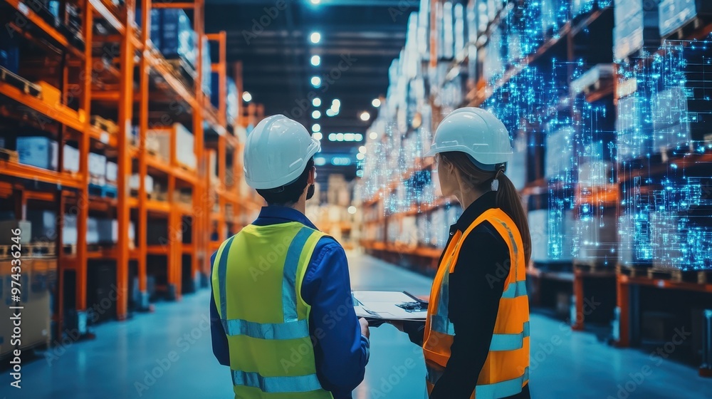 Poster warehouse workers coordinating operations in modern distribution center