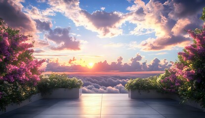 Fototapeta premium Beautiful view of a sunset over the clouds from a balcony.