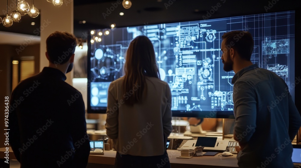 Poster technology experts analyzing complex data visualization