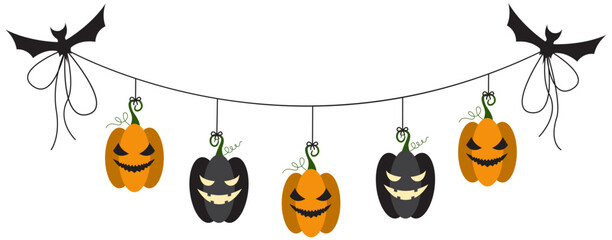 Halloween party decoration garland with bats, pumpkins, witch hat. Cute Jack O Lantern Evil Pumpkin Garland for Halloween. Simple banner hanging party classy decor vector element.