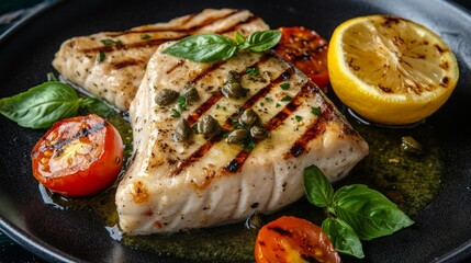 Perfectly grilled swordfish steaks with grill marks, with a caper and lemon butter sauce, accompanied by cherry tomatoes and fresh basil. Photography Stock.