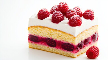 Raspberry Cake Slice with Whipped Cream Topping Close-up of a layered raspberry cake topped with fresh raspberries and whipped cream, filled with raspberry jam and light sponge layers