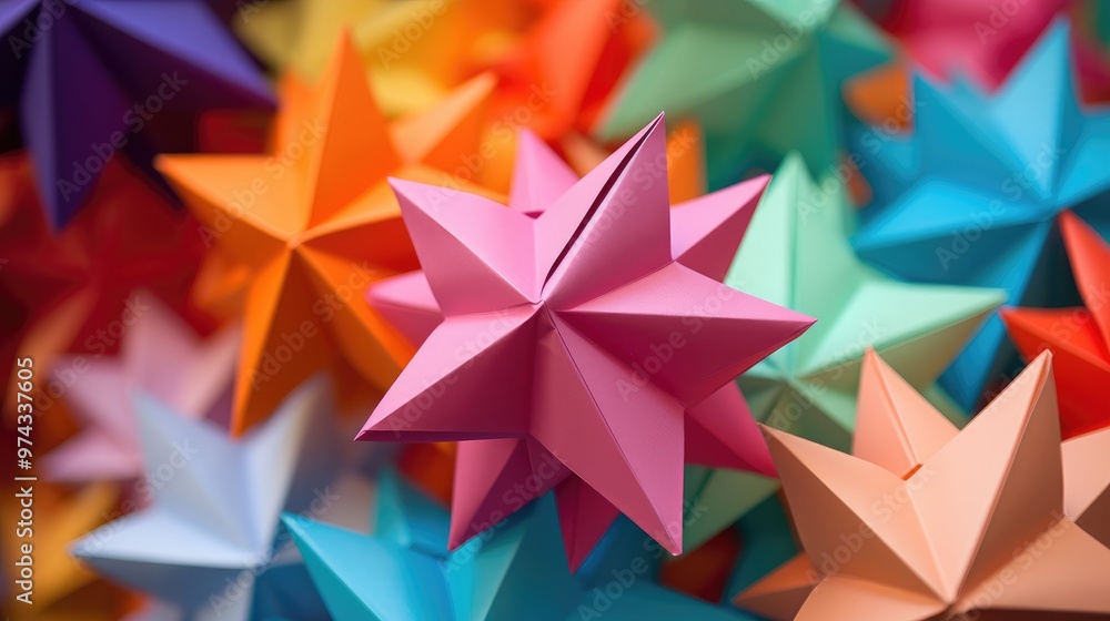 Poster a vibrant and colorful abstract background of origami stars. the stars are arranged in a random patt