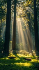 Fototapeta premium Sunbeams Filtering Through Misty Redwood Forest
