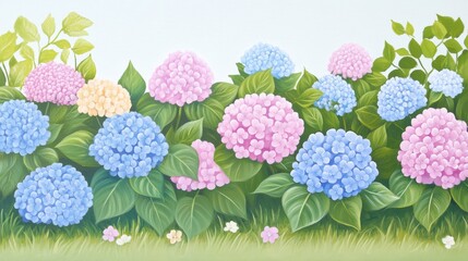 A vibrant display of hydrangeas in soft hues of blue, pink, and lavender, surrounded by lush green leaves, perfect for spring.