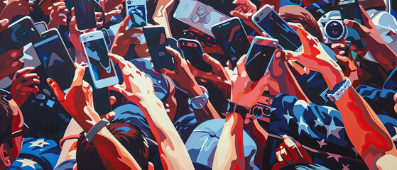 A painting of a crowd of people taking pictures of each other