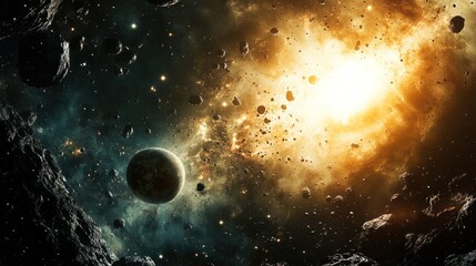 Obraz premium A Stellar Spectacle: A Cosmic Dance of Asteroids, Planets, and Star