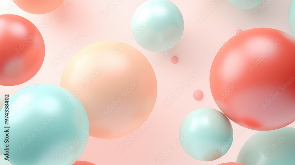 Poster a soft and dreamy abstract background with pastel-colored spheres floating on a light pink backdrop.