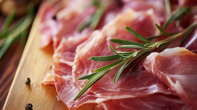 Slices of tasty cured ham with rosemary. Photography Stock.