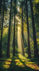 Obraz premium Majestic Redwood Forest: Sunlight Through Canopy