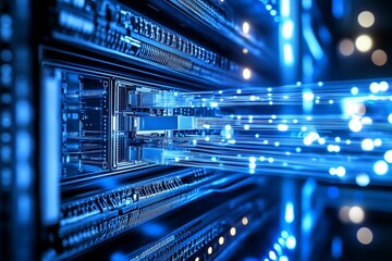 Close-up view of high-speed data transfer in a futuristic server room with blue LED lights
