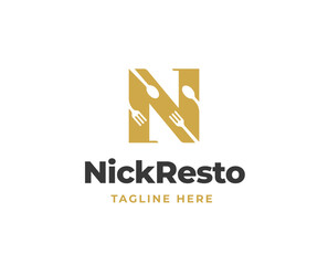 Initial letter N logo with fork and spoon icon for restaurant logo vector illustration