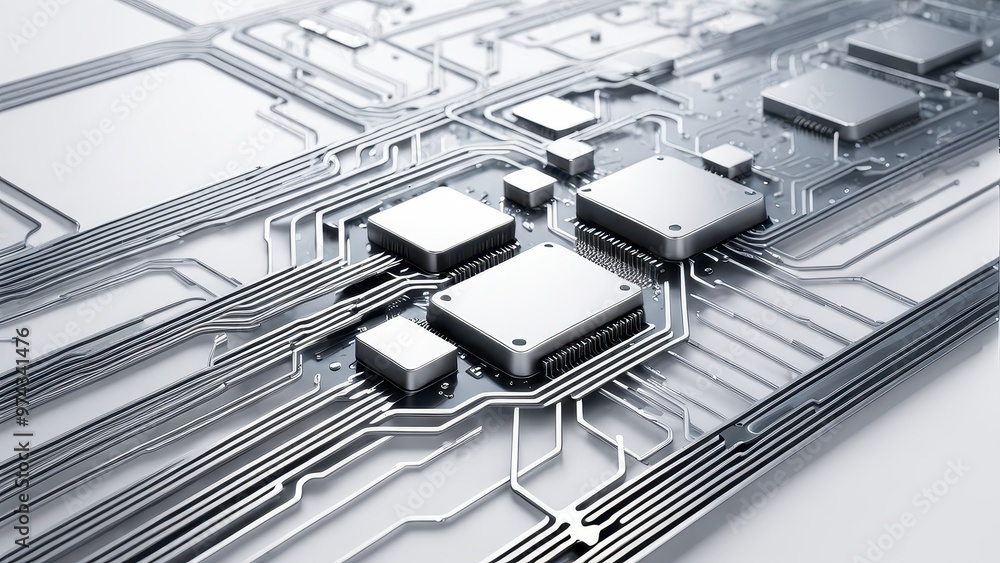 Poster a close-up view of a circuit board showcasing intricate connections and microchips for electronic de