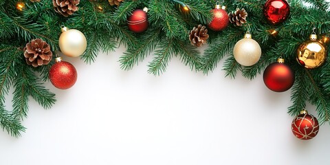 Christmas border with baubles, pine cones on white.