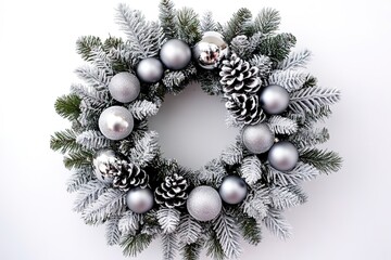 Festive wreath adorned with snowy pinecones and silver baubles