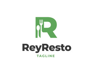 Initial R letter logo with fork and spoon icon for restaurant logo vector illustration