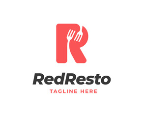 Initial R letter logo with fork icon for restaurant logo vector illustration