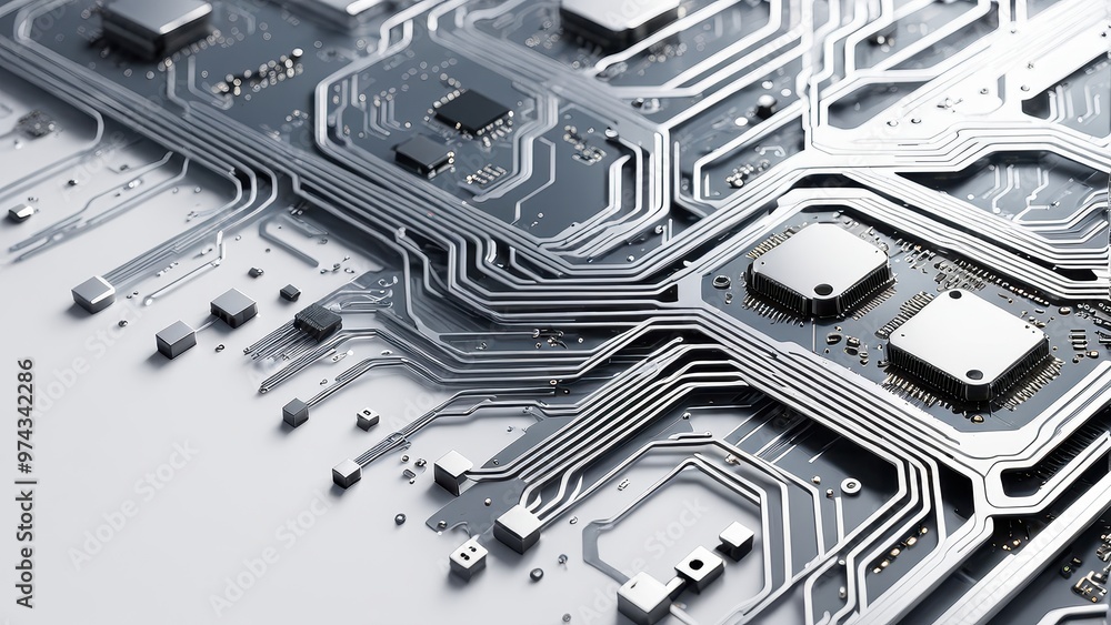 Poster a close-up view of a circuit board showcasing intricate pathways and components used in electronic d