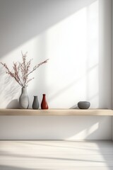 Simple, aesthetic shelf displaying minimalistic vases and a single branch, bathed in natural sunlight against a plain wall.