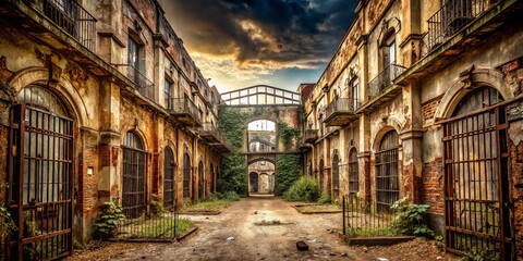 Fototapeta premium Haunted and decrepit asylum courtyard with rusted gates and crumbling walls