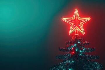 Fototapeta premium Neon star atop Christmas tree, red glow against blue