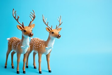 Obraz premium Two toy reindeer on blue background, festive decor