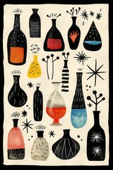 Abstract alchemist's lab with potions depicted in a stylized black and white illustration
