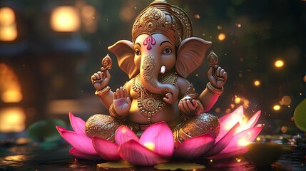 A beautifully rendered 3D Ganesh, blending cartoon-like features with realistic textures, seated on a lotus flower, illuminated by soft divine light.