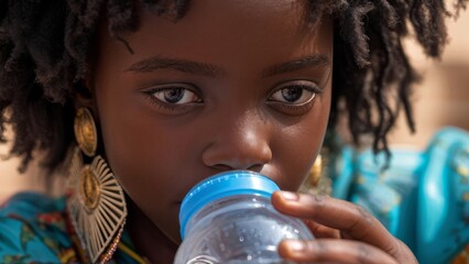An African girl in national jewelry drinks water from a large plastic bottle. The social problem of the African people.