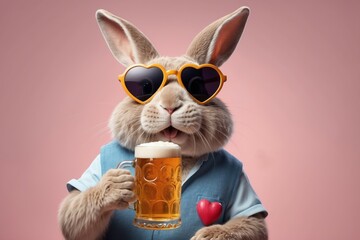 A cute and whimsical rabbit sporting heart-shaped sunglasses and holding a frothy beer mug against a pink background.