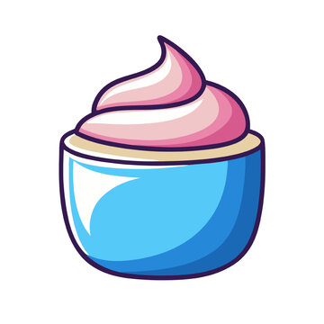 recommend clip art: Pink Swirl Delight: A cartoon illustration of a vibrant blue bowl brimming with a generous swirl of pink frosting, promising a sweet treat. 
