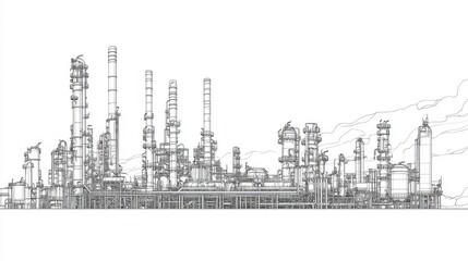 Obraz premium A clean, minimalist line drawing of an oil refinery with precise details, machinery, and piping, with a distinct background of the sky in a separate layer.