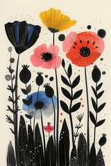 Poppy with minimalistic petals depicted in a stylized black and white illustration