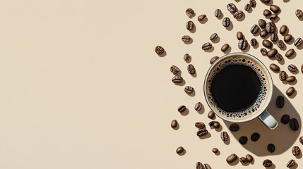 Obraz premium A close-up of coffee beans scattered around a mug of black coffee, against a solid beige background.